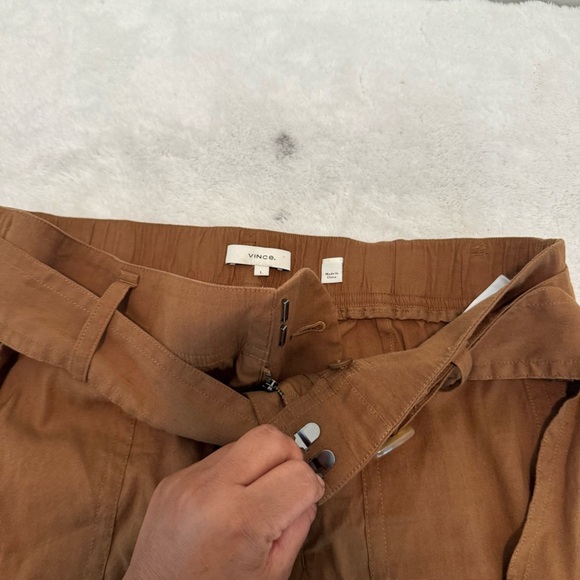 Vince Belted Linen Blend Utility Capri Pants Womens Sz L Brown Cuffed High Rise - Picture 6 of 12